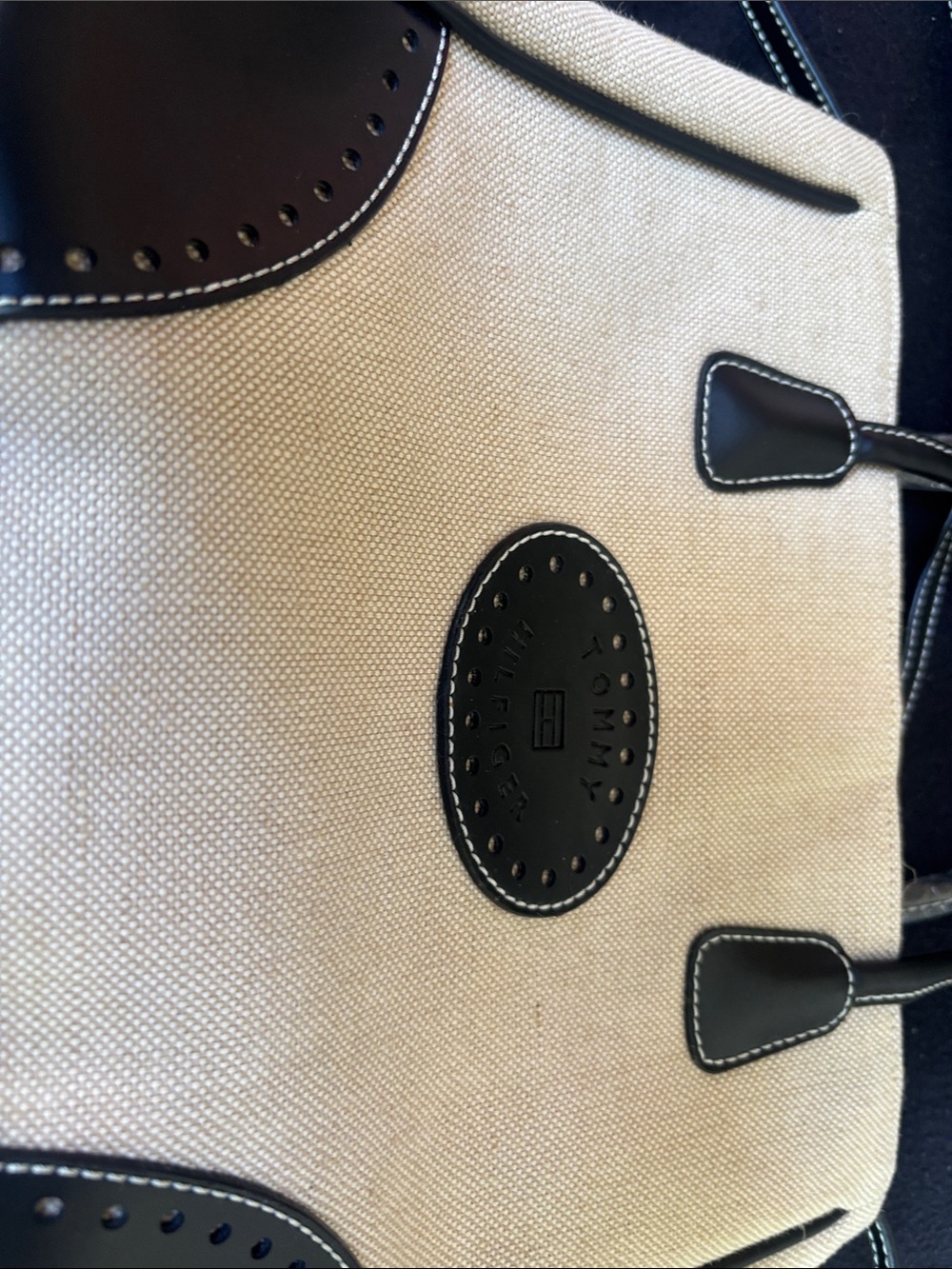 Tommy Hilfiger Beige Canvas Tote with Black Leather Accents